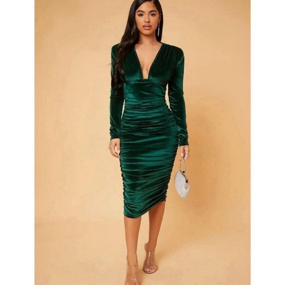 Dark Green Velvet Party Dress Women XL Deep V Neck Long Sleeve Christmas Cocktai